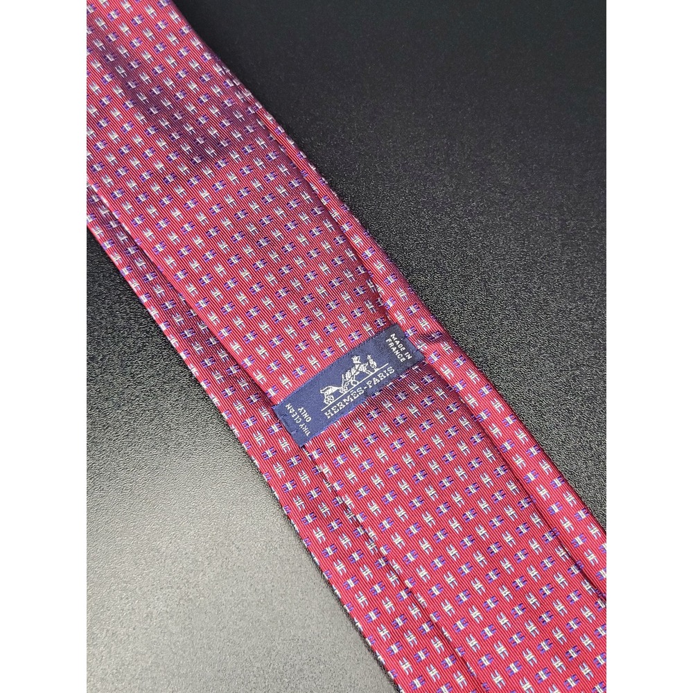 Hermes Silk Necktie Red Blue Geometric H Logo 659209T Made in France Good